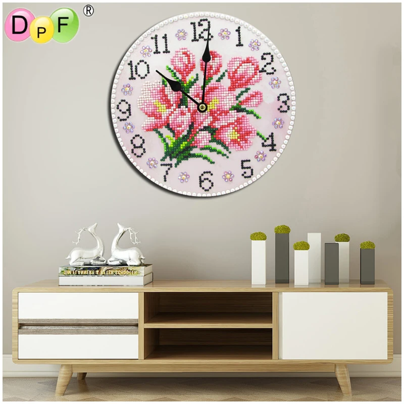 DPF DIY diamond clock 5D round diamond painting pink flowers diamond