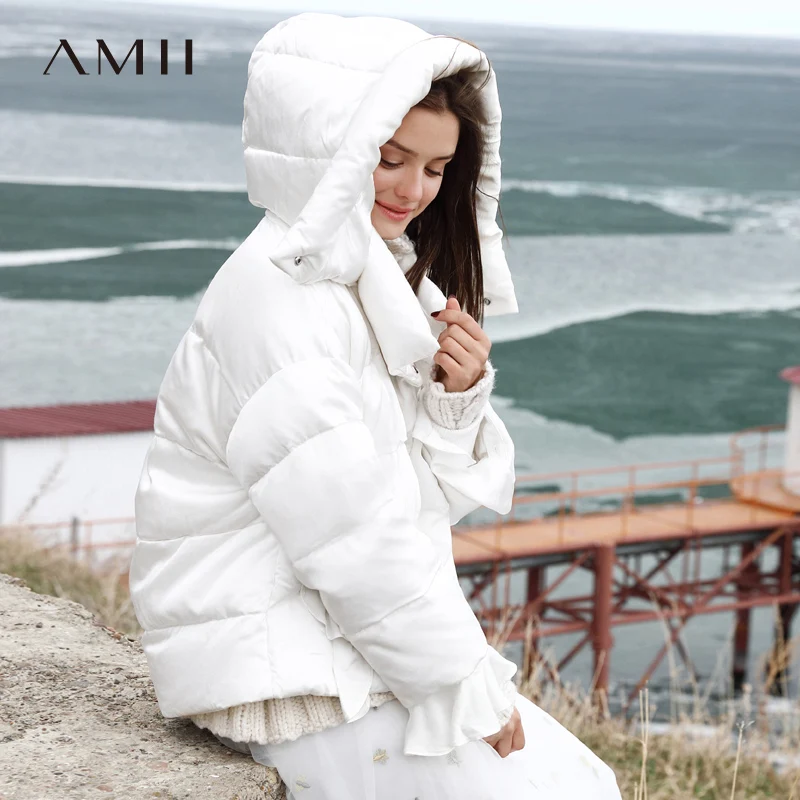 

Amii Minimalist Women Winter Duck Down Coat Winter 2018 Causal Solid White Patchwork Thick Hooded Short Down Jacket