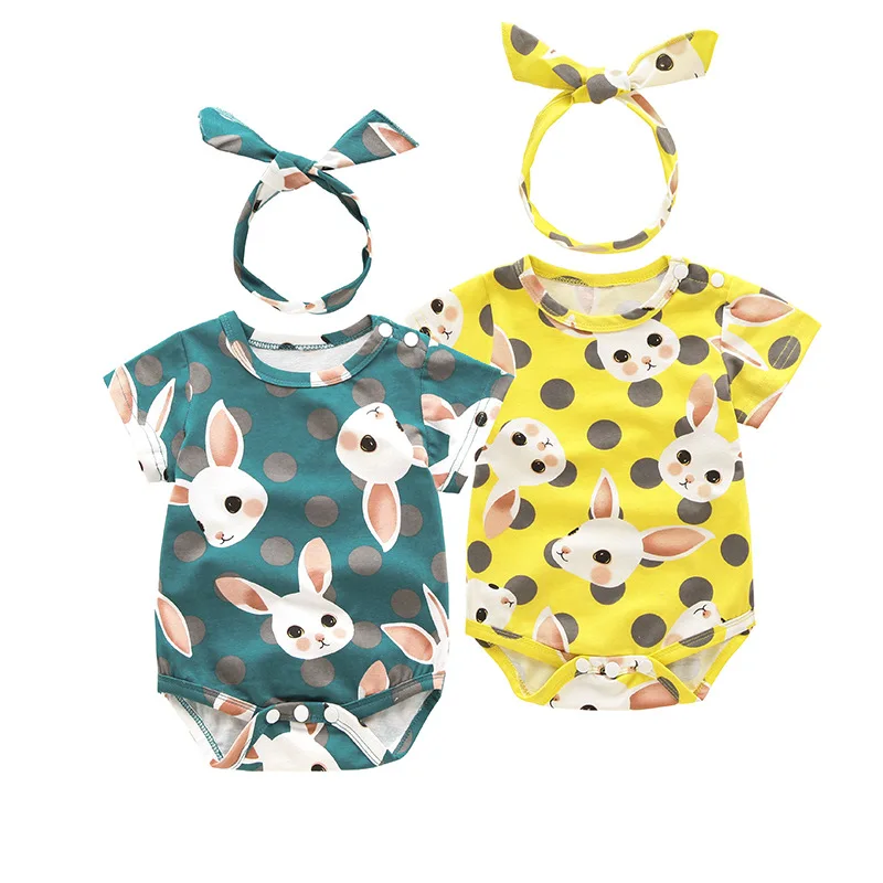 

Summer Baby Girl Clothes Toddler Infant Girls Rompers Cartoon Short Sleeve Jumpsuit+Headband Sets Cotton Newborn Outfits