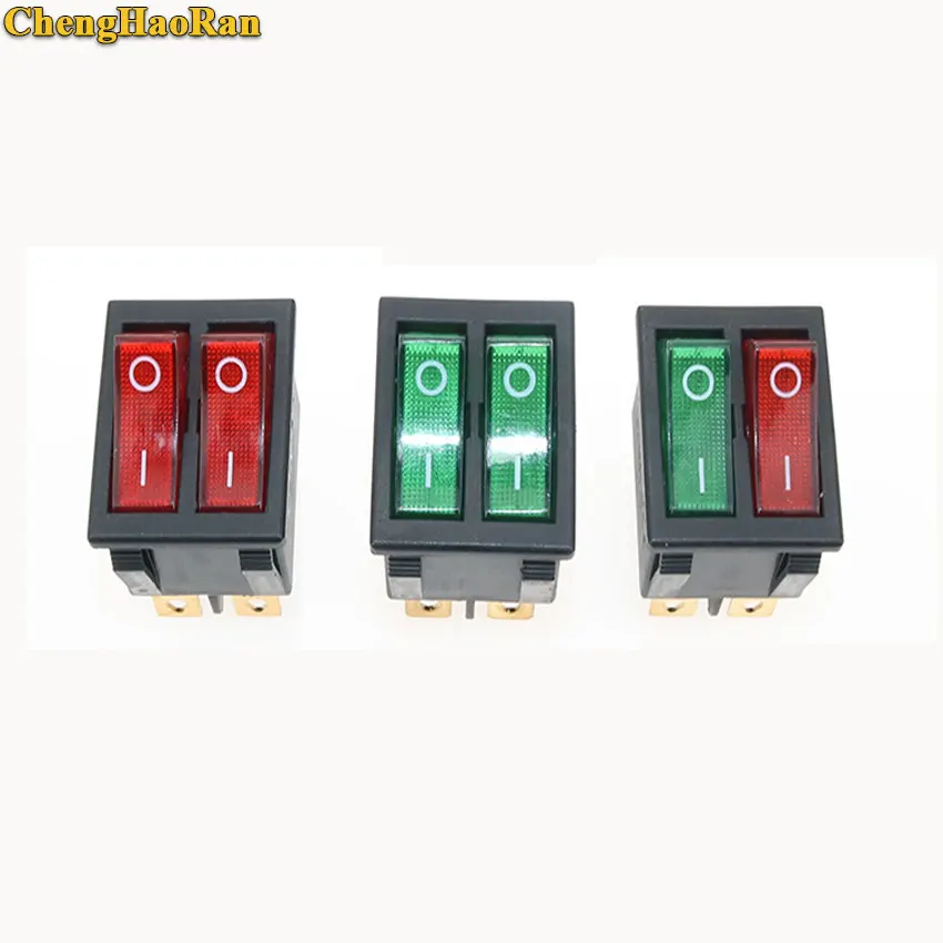 

ChengHaoRan 1pcs KCD2 Double Boat Rocker Switch 6 Pin On-Off With Green Red Light 20A 125VAC/ 16A 250V 6 PIN 2 Position