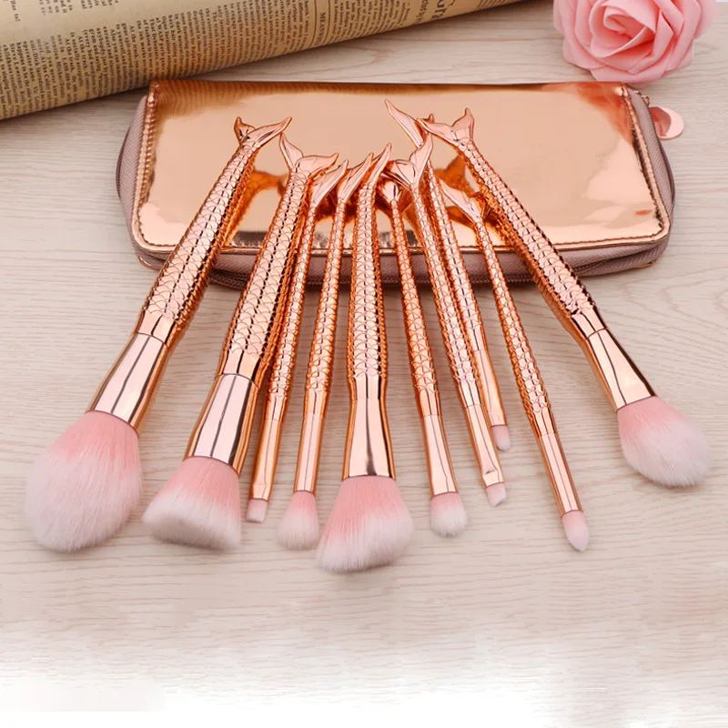 

CHILEELOVE 10 Pcs/Lot Colorful Mermaid Base Pro Makeup Brushes Accessories Set For Foundation Eye Shadow Blusher With Bag Pouch