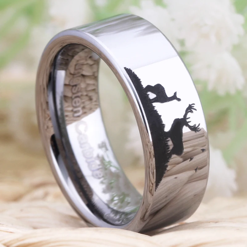 New Silver Men Ring 100% Tungsten Carbide Men's Jewelry Wedding Bands Classic Women Ring Gift Deer Scene Design Dropshippin'g