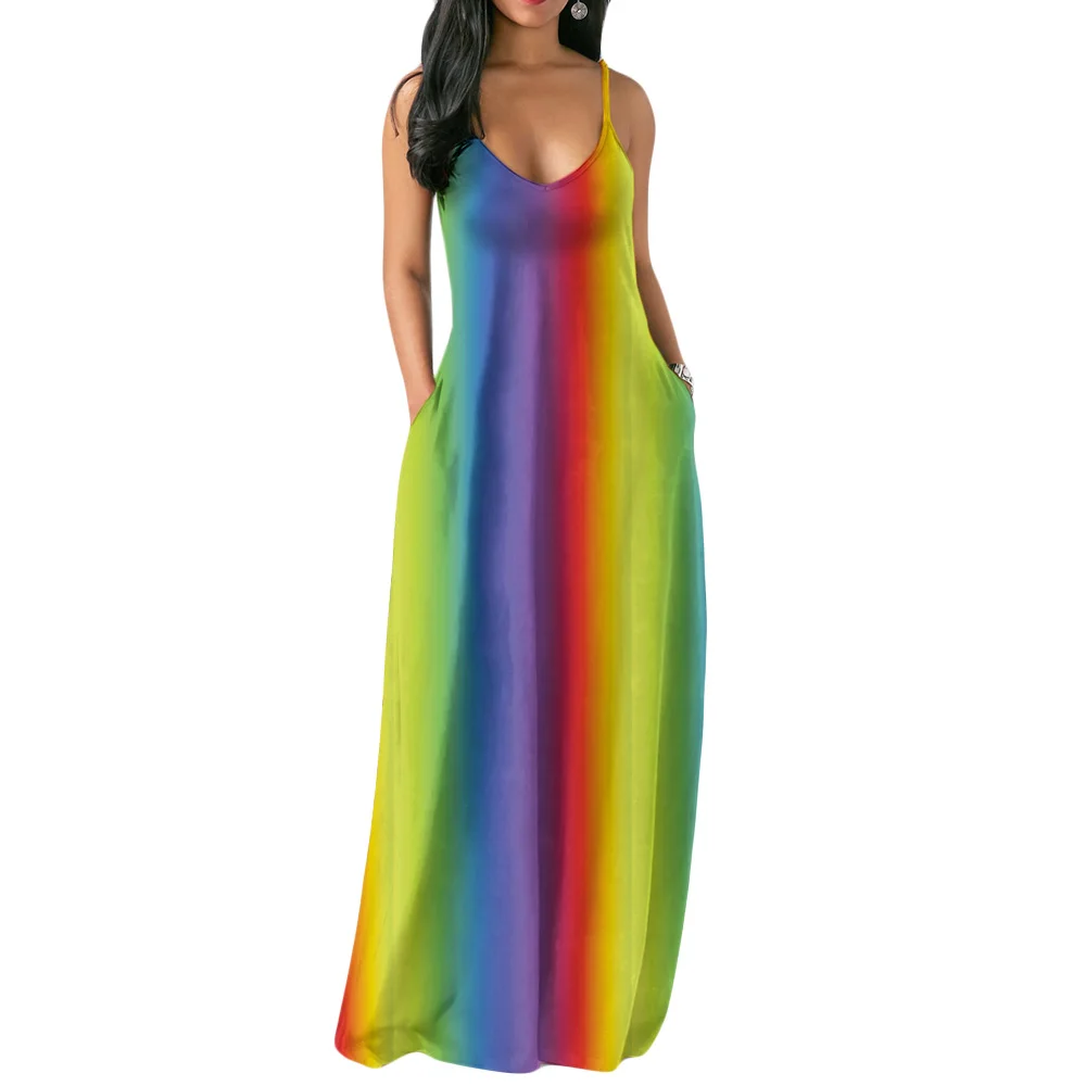 

Plus Size Summer Beach Women Party Dress 2019 Rainbow Printed Spaghetti Strap V Neck Sleeveless Pockets Boho Maxi Dress Vestidos