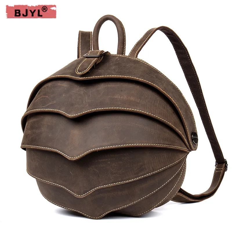 

BJYL Original Unisex Beetle Series Handmade Genuine Leather Men's Women's Backpack Brown Leather Backpack female Casual Bag
