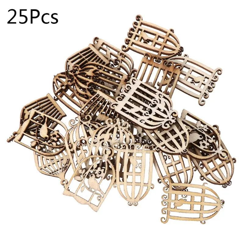 

25pcs Natural Wooden Craft Embellishments Birdcage Shape Handmade Laser Cut Decoration For Scrapbooking Accessories