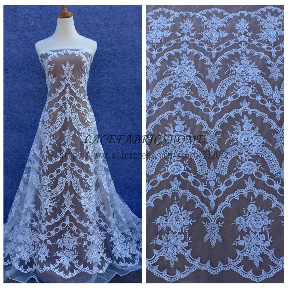 

La Belleza 2017 fashion styld large pattern Off whtie cord sequins on net wedding dress lace fabric 51'' width