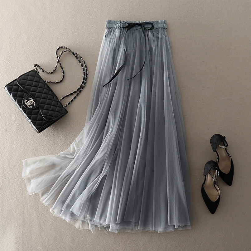 

2019 Grey Fashion Womens Lace Princess Fairy Style 4 layers Voile Tulle Skirt Bouffant Puffy Fashion Skirt Long Tutu Skirts