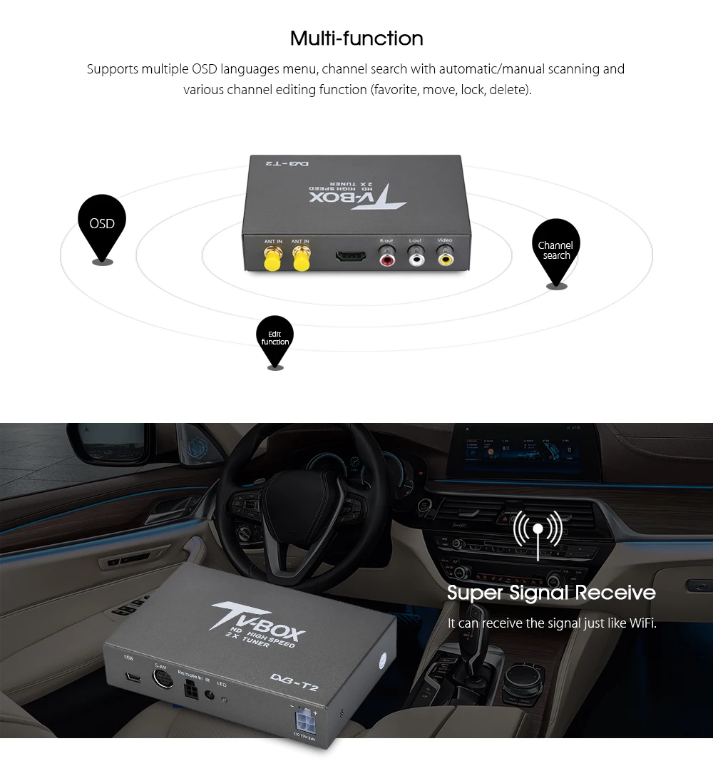 

T338B HD DVB - T2 Car Digital TV Tuner with 2 Amplifier Antenna USB Receiver TV Box