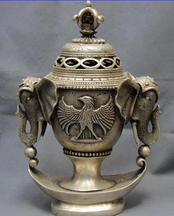 

Collectible bronze lion statue S0040 Tibet White Copper Silver Buddhism Two Elephant Face Eagle Censer incense burner (B0413)