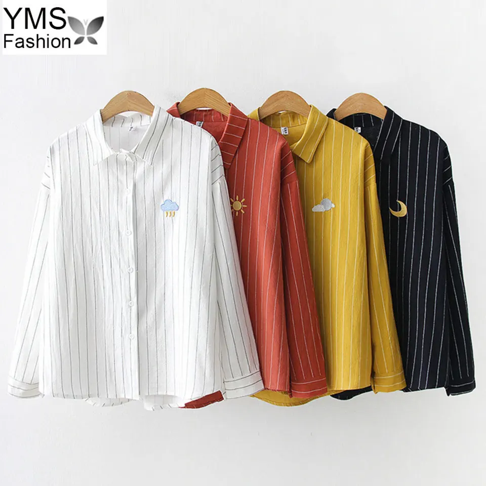 

Spring Autumn Women Korean Long Sleeve Office Blouse 2019 Kawaii Yellow Striped Shirt Female Harajuku Weather Embroidery Blouse