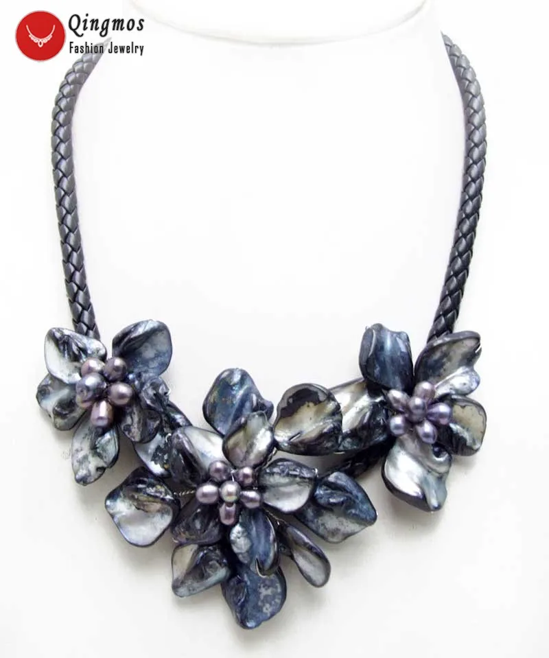 

Qingmos Trendy Shell Flower Necklace for Women with 3 Piece Black Baroque Shell Flower Pendant Necklace Jewelry 18'' Nec6365