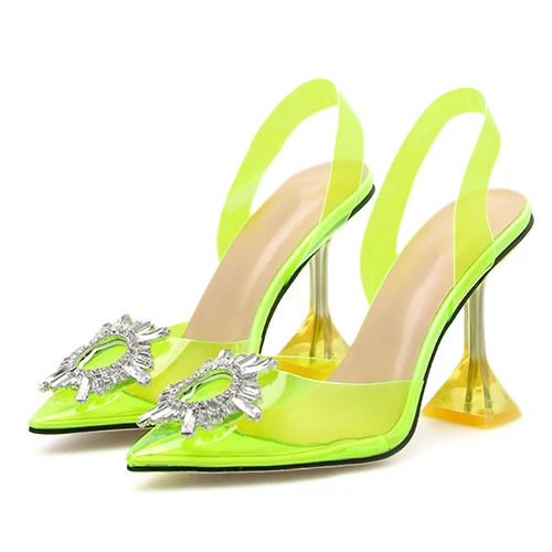 BYQDY/Милая прозрачная обувь; женские босоножки с острым носком; неоновые слинбэки; туфли-лодочки; прозрачные туфли на высоком каблуке со стразами; большие размеры - Цвет: Yellow