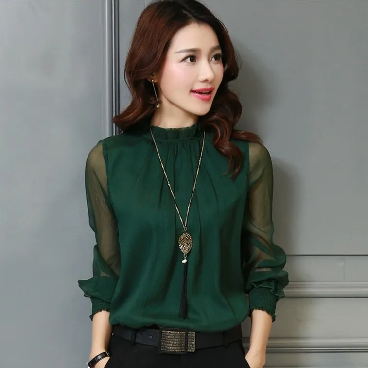 

New Women Chiffon Blouse Long Sleeve Stand Neck Work Wear Shirts Elegant Lady Blouses Casual Solid Color Tops