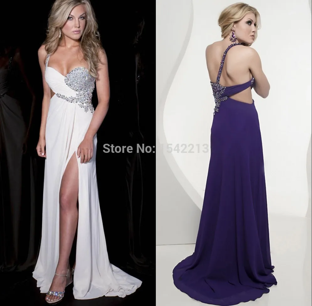Affordable Purple White One Shoulder Beaded Long Evening Dress Formal