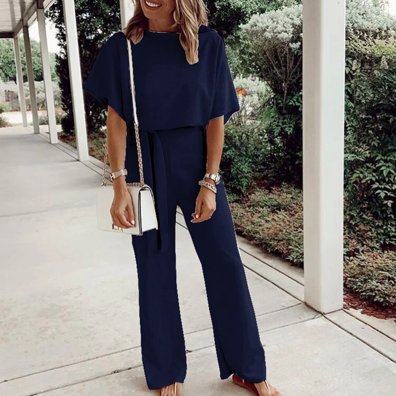 

Ladies Jumpsuit Womens Office Summer Round neck Overalls Fashion Business Lace up Casual Plus size Ankle length