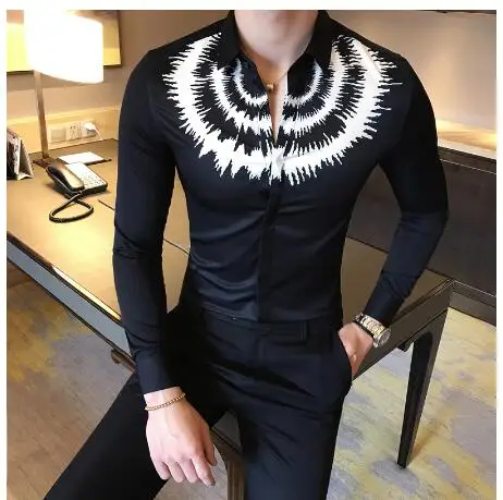 

New fashion digital printing casual shirt long-sleeved Korean dress Slim tuxedo shirt men's petticoat men's social club shirt