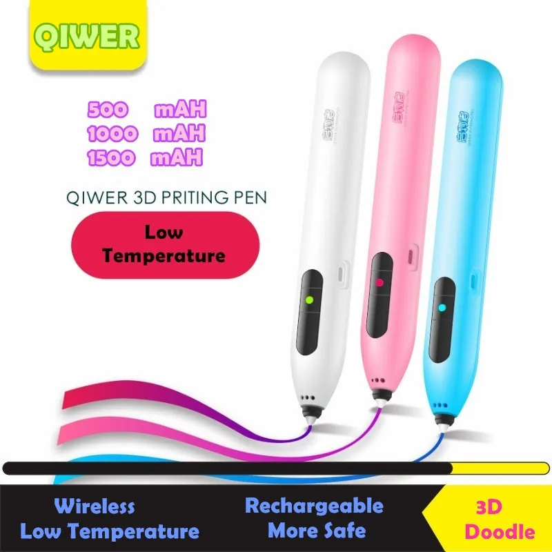 

QIWER 2019 NEW ARRIVAL Wireless Low Temperature 3D Printing Pen DIY Drawing Doodle PCL Filament Battery Build In QX500 Gifts kid