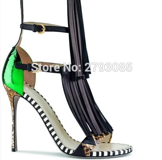 

Newest 2017 Women Mixed Colors Buckle Strap Gladiator Sandals Fashion Fringe Decoration Cover Heel Narrow Band High Thin Heel