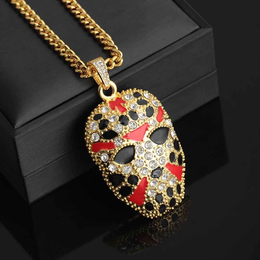 Men Hip Hop Necklace Pendant Jewelry Shellhard Crystal Beijing Peking Opera Painted Mask Pendant Gold Link Chain