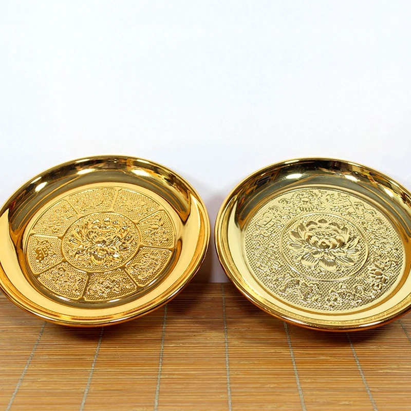 JINSERTA Gold Alloy Lotus Consecrate Fruit Tray Buddha Avalokitesvara Plate Religious Ceremonial Buddhist Temple Decoration