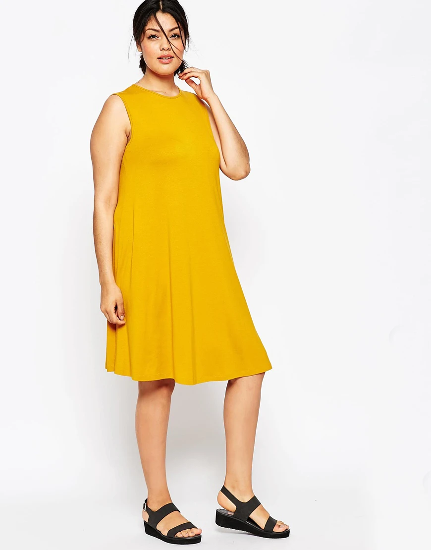 Womens yellow plus size dress Loose knee high sleeveless tank o neck