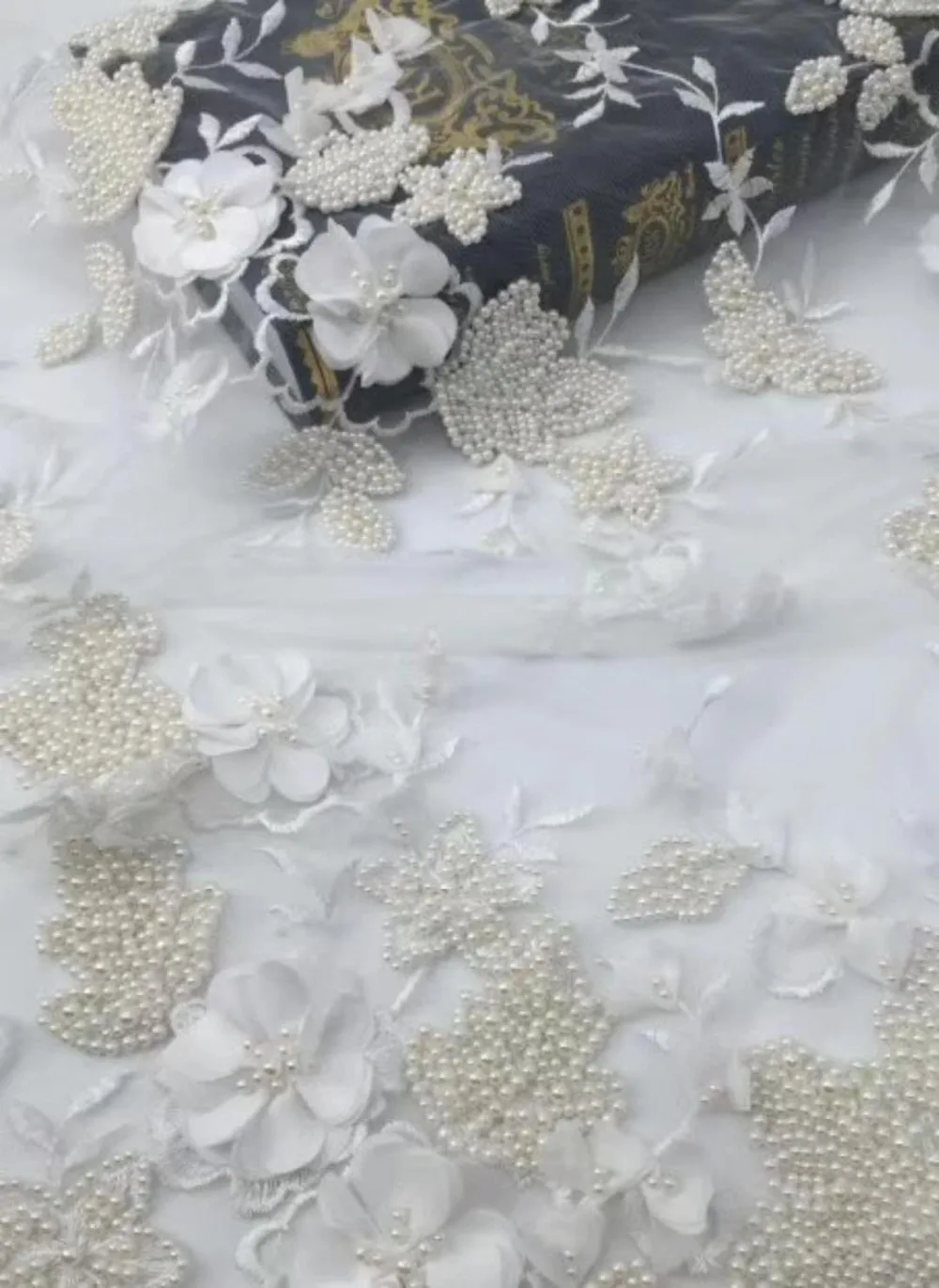 

White embossed pearl accessories embroidery L&L30020 French tulle lace embroidery high-grade African lace fabric for wedding