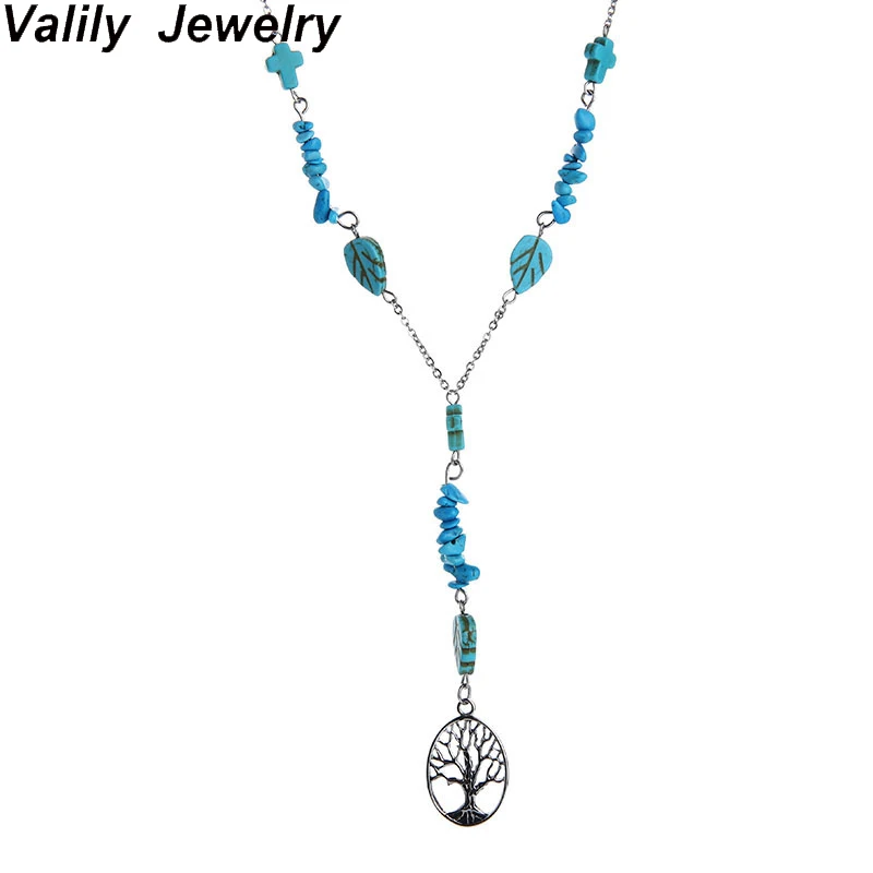 

EdgLifU Blue Stone Choker Necklace Oval Tree Accessory Pendant Necklace for Women Stainless Steel Fashion Chain Necklace Jewelry