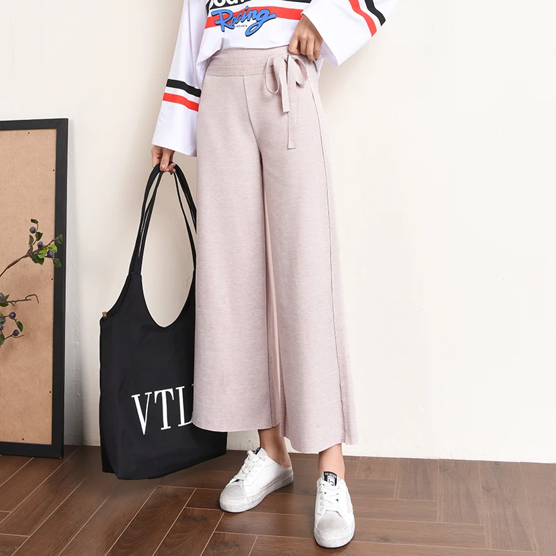 Pants female 2019 new spring high waist knit wide leg pants Korean fashion wild office lady casual pants summer large size pants