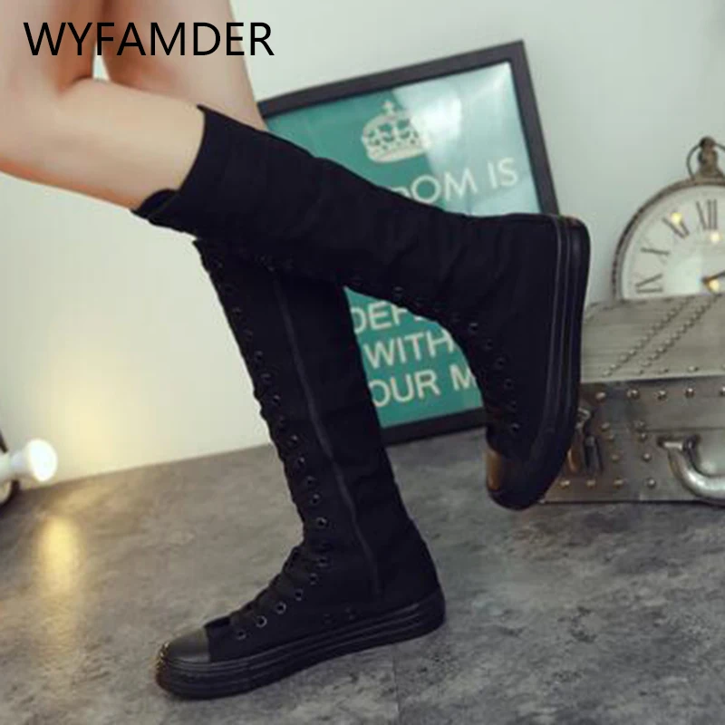 Женские парусиновые сапоги WYFAMDER черные до колена на платформе со шнуровкой и