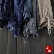 2017 new cotton and linen Vintage loose stripe linen wide leg pants female summer bell-bottom casual capris