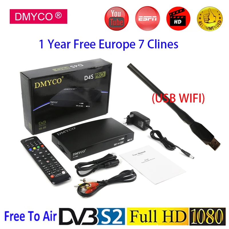 DVB-S2 lnb Satellite Receiver D4S Pro +1 Year Europe C-line Server HD Full 1080P Spain H.265 Youtube Mini Receptor With USB Wifi DVB-S2 lnb Satellite Receiver D4S Pro +1 Year Europe C-line Server HD Full 1080P Spain H.265 Youtube Mini Receptor With USB Wifi