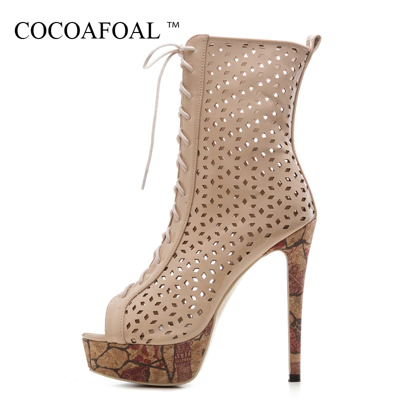 

COCOAFOAL Women Peep Toe Ankle Boots Plus Size 33 43 Open Toe Heels Sandals Summer Hollow Out Lace Up Gladiator Sandals White