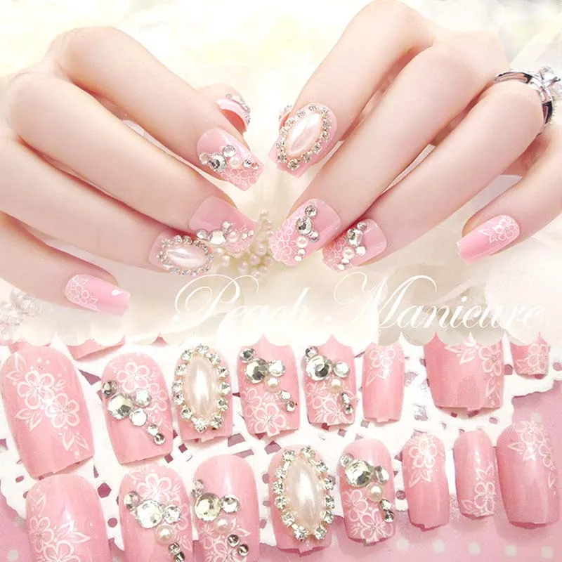 

Bride Fashion Shining Rhinestone False Nails Girls Simulation Pearl Finish Fake Nail Pink Color Flower Printing Artificial Nails
