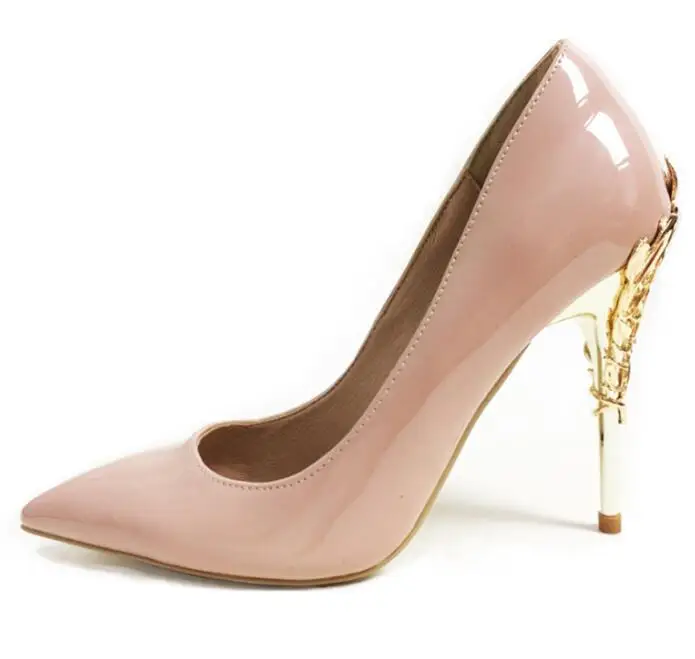 

New fashion patent leather high heel shoes woman sexy pointed toe stiletto heels gold metallic decoration dress heels
