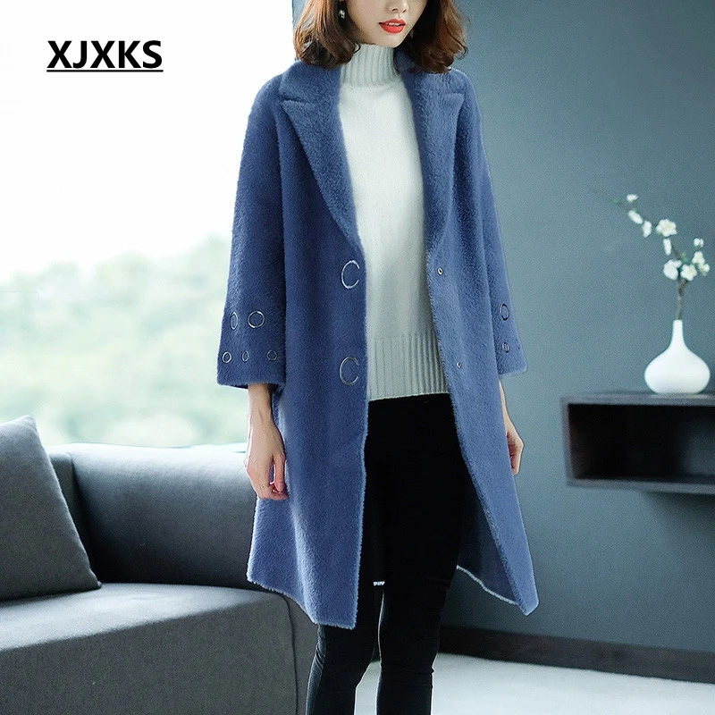 XJXKS manteau femme hiver зимнее пальто для женщин casaco feminino с отложным воротником Новинка распродажа пушистая верхняя одежда Женское шерстяное пальто - Цвет: Синий