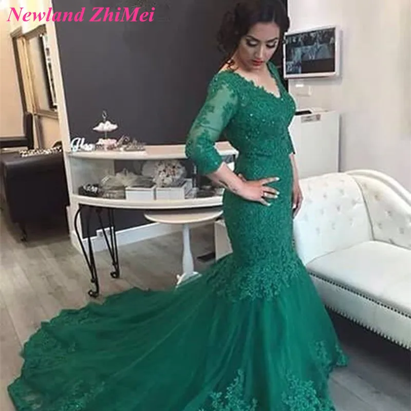 

Vintage Green Wedding Dresses Three Quarter Sleeve 2017 New Saudi Arabia Sexy Lace up Back Appliqued Tulle Mermaid Bridal Gown