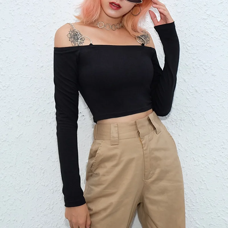 ArtSu Fashion Chain Off the Shoulder Tops for Women Black Long Sleeve Crop Top T-shirt Femme Basic Shirt Streetwear ASTS20611