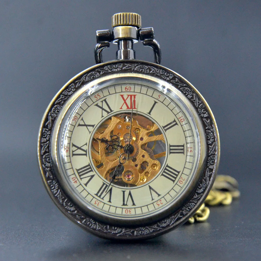 Fashion Bronze Mechanical Hand Wind Pocket Watch Roman Numerals