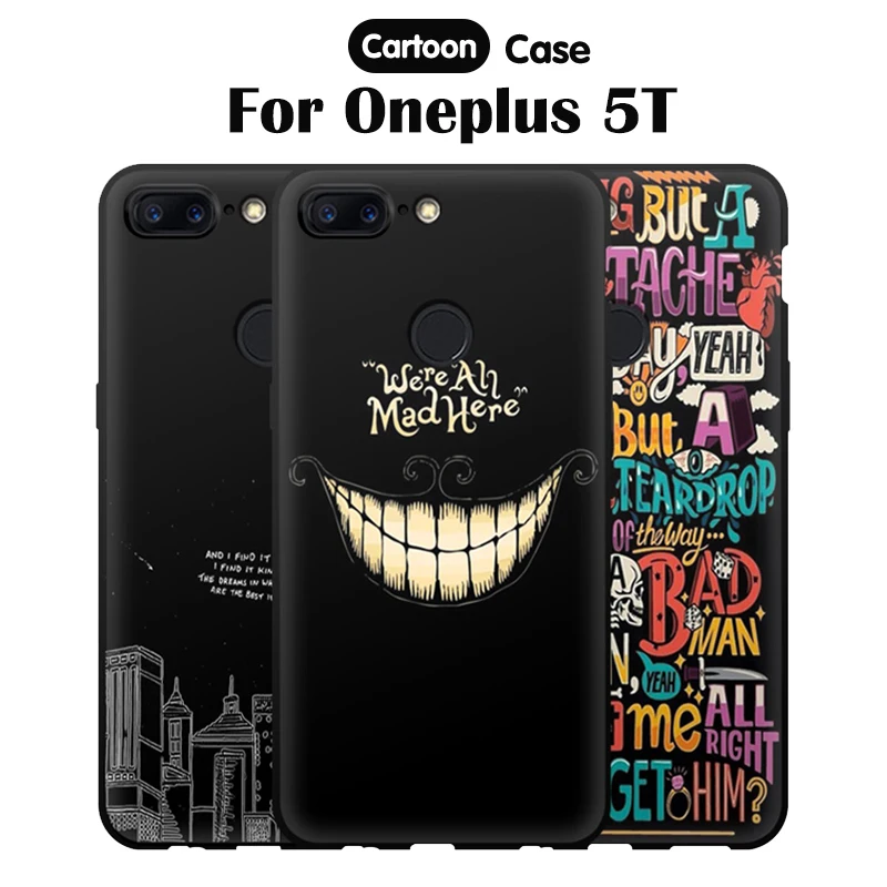 

JURCHEN Cases For One plus 5T Cover For Oneplus 5 T Case Matte Cartoon Black Print Silicone Back Bags For Coque Oneplus 5T Case