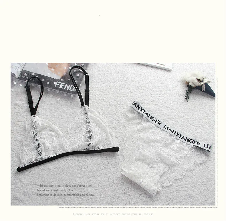 Women Letter Lounge Underwear Comfortable Wireless Loungewear Lingerie Bra  Set Black and White Cotton Bras Sets