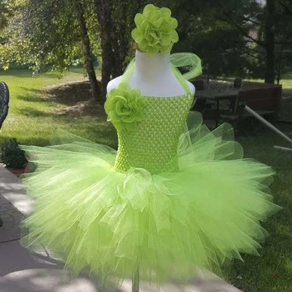 

Princess Girl Tinkerbell Green Fairy Tutu Dress Child Birthday Custom Little Girls Knee Length Tinker Bell Dresses With Wings