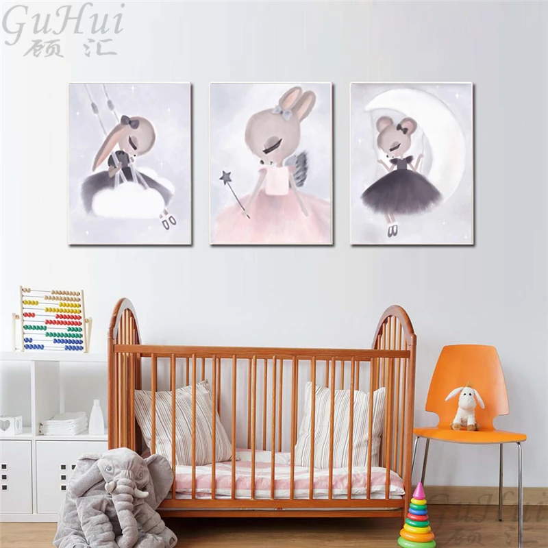 

Nordic Watercolor Cartoon Fairy Mouse Elf Swing Girls Angel Canvas Painting Animal Poster Baby Kids Room Decoration Wall Picture