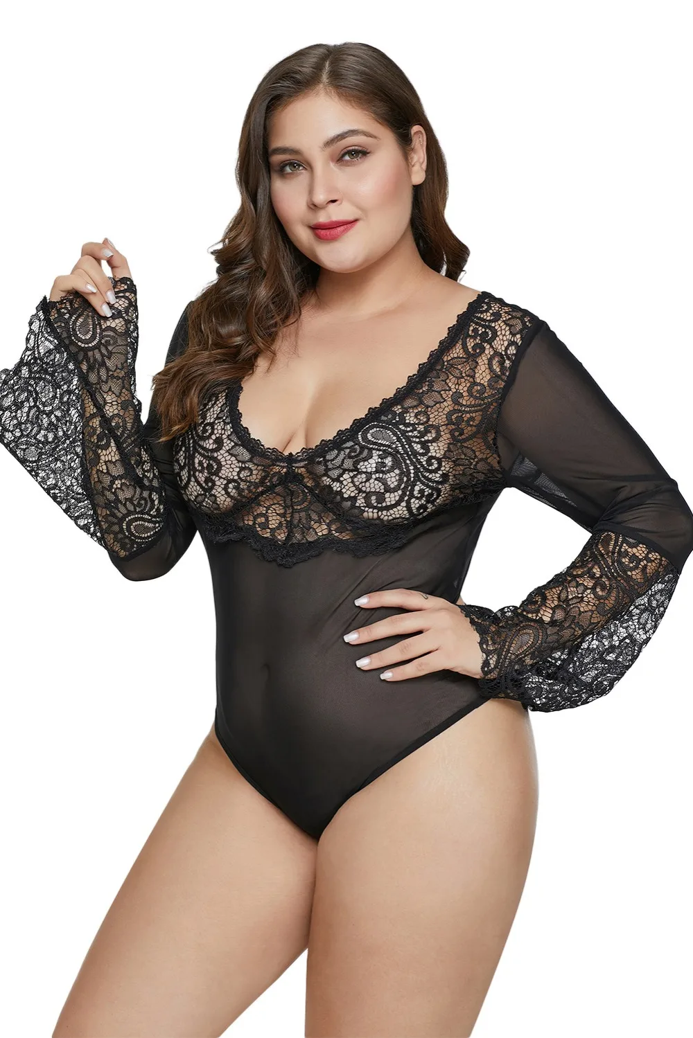 Black-Bell-Sleeve-Lace-Mesh-Plus-Size-Teddy-LC32339-2-3