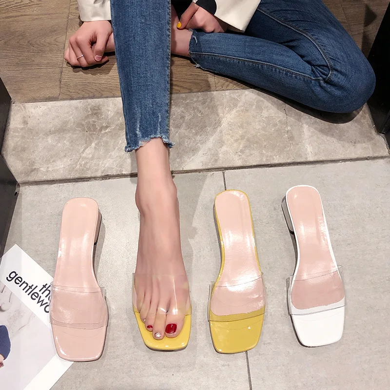

TANGNEST Retro Square Toe Slippers Woman Fairy Shoes Transparent PU Leather Slides Summer Sandals Female Leisure Heels XWT1771