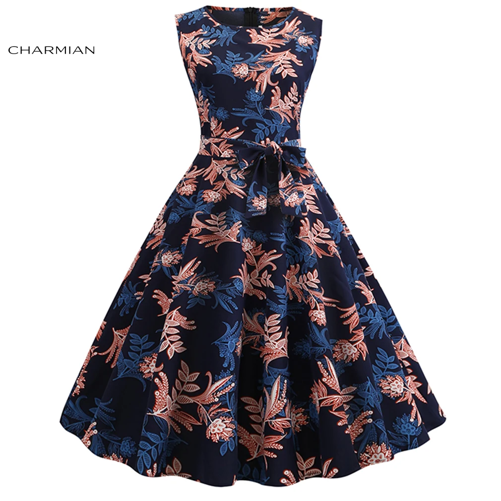 

Charmian Women's Retro Round Neckline Sleeveless Oil Painting Floral And Leopard Printed Swing Summer Day Dress