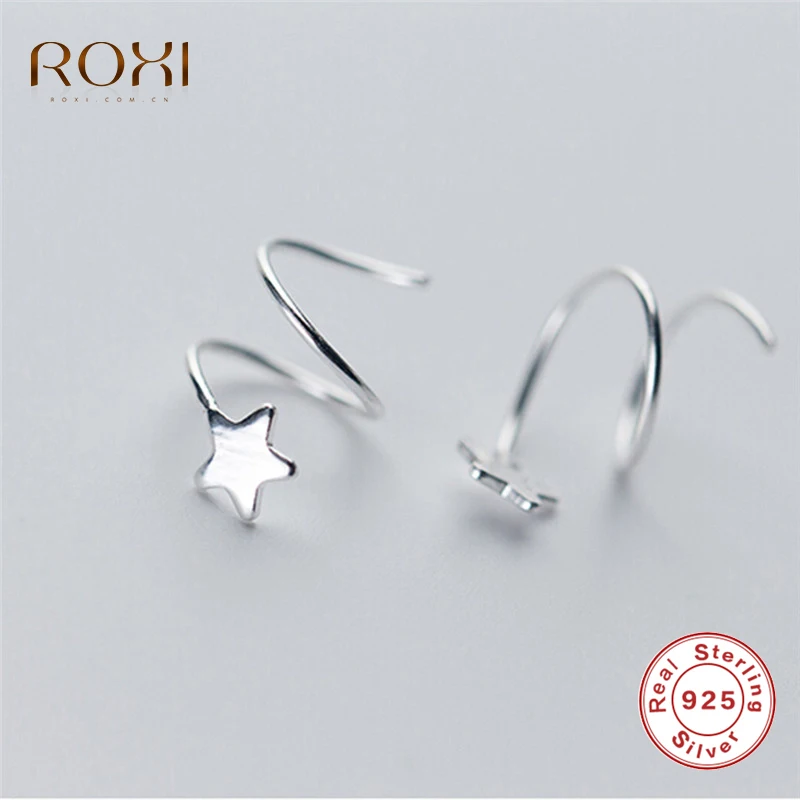 ROXI, настоящее 925 пробы, серебряные серьги для женщин, звезда, твист, спиральный гвоздик, серьги, Геометрическая Серьга, ювелирное изделие, Букле д 'Орель, femme