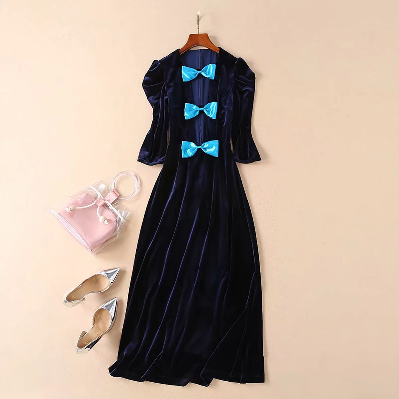 2019 весеннее сексуальное длинное платье с бантом V_neck женское вечерние качество женское платье с коротким рукавом до середины икры женское