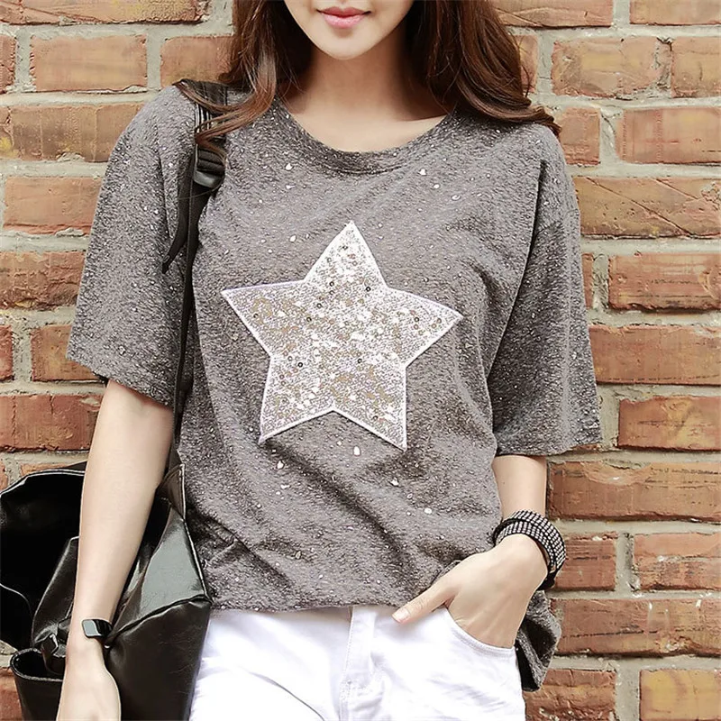 

Loose Fashion Short Sleeve Women T shirt Casual 3D Pattern T-shirt 2019 Summer Sequined O-neck T shirts Hot Diamonds Tees 64545