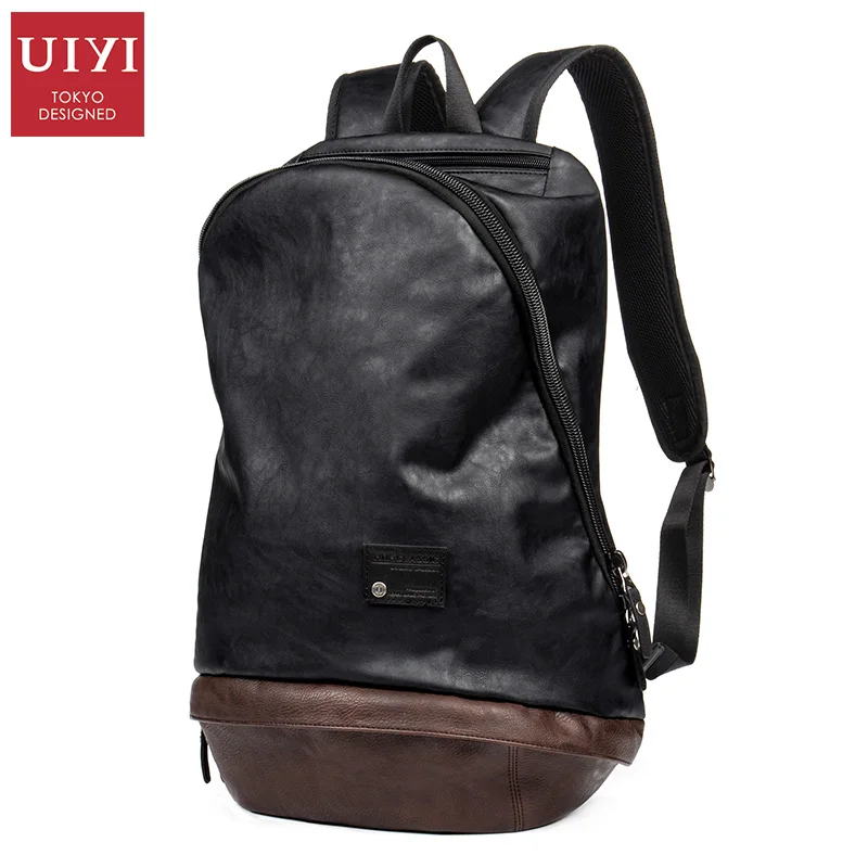 

UIYI Brand New Men's Backpack PU Black Belt Bag Men 14' Laptop Casual Shoulder popular teenager package Soft leather Bag 2018