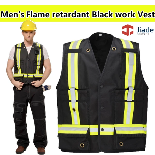 Jiade высокое качество огнестойкий черный жилет сзади 'X 'шаблон светоотражающие полосы FR безопасности светоотражающий жилет